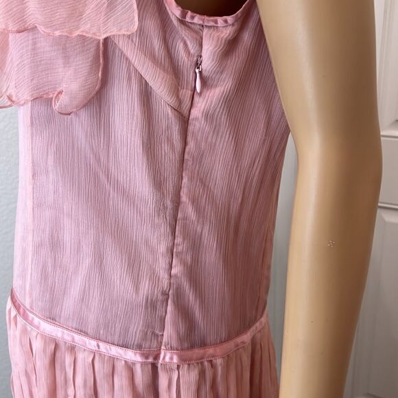 WDNY Dress 💯 Silk Size 10 Square Neck Sleeveless Sheer Pleated Lined Pink Peach - Picture 8 of 11